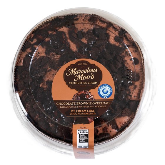 Marvelous Moo&rsquo;s Chocolate Brownie Overload ice cream cake with rich chocolate base and brownie chunks in clear lid packaging.